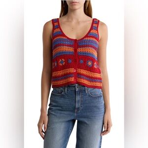 Cotton Emporium Crocheted Square Buttoned Red and Blue Tank Top XL